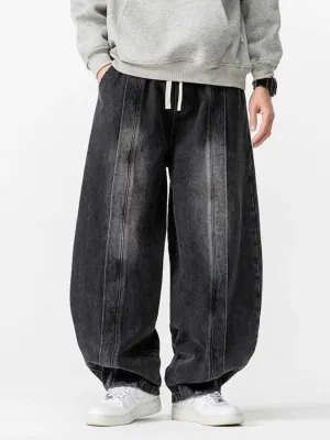 Men's Black Washed Balloon Jeans with Drawstring — view 2