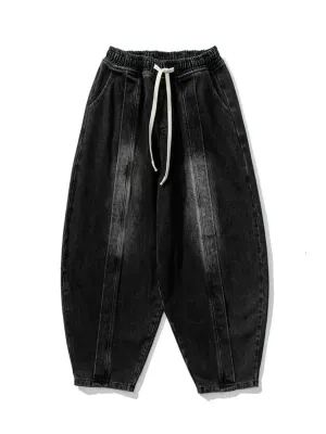 Men's Black Washed Balloon Jeans with Drawstring — view 5
