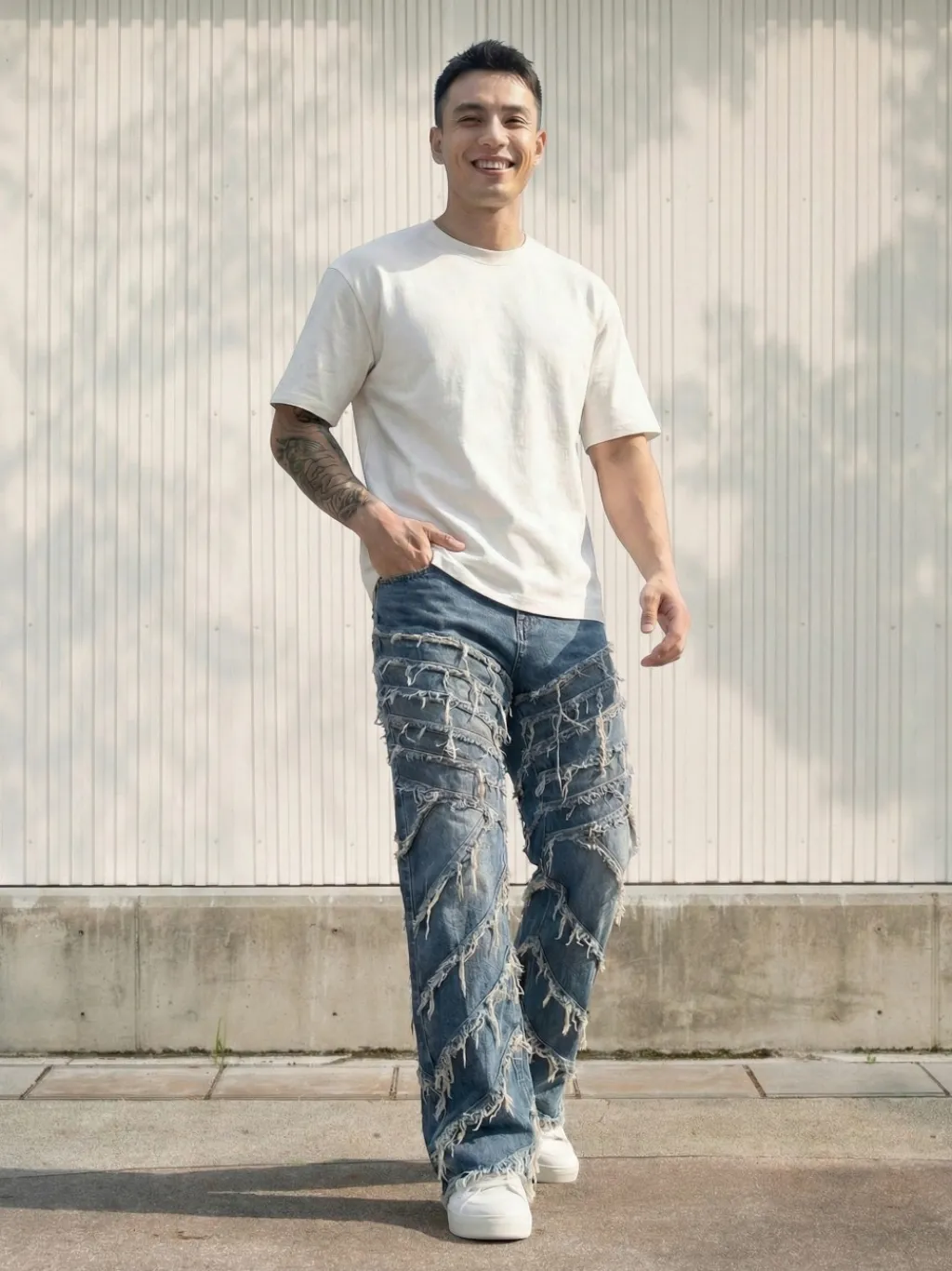 Men's Blue Distressed Baggy Motorcycle Jeans Vintage Style