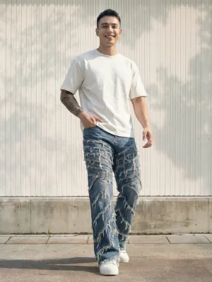 Men's Blue Distressed Baggy Motorcycle Jeans Vintage Style — view 1