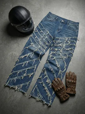 Men's Blue Distressed Baggy Motorcycle Jeans Vintage Style — view 4
