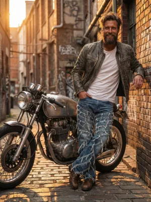Men's Blue Distressed Baggy Motorcycle Jeans Vintage Style — view 6