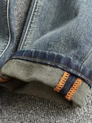 Men's Blue Faded Regular Jeans, Contrast Turn-Ups — view 5