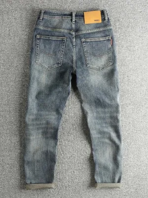 Men's Blue Faded Regular Jeans, Contrast Turn-Ups — view 6