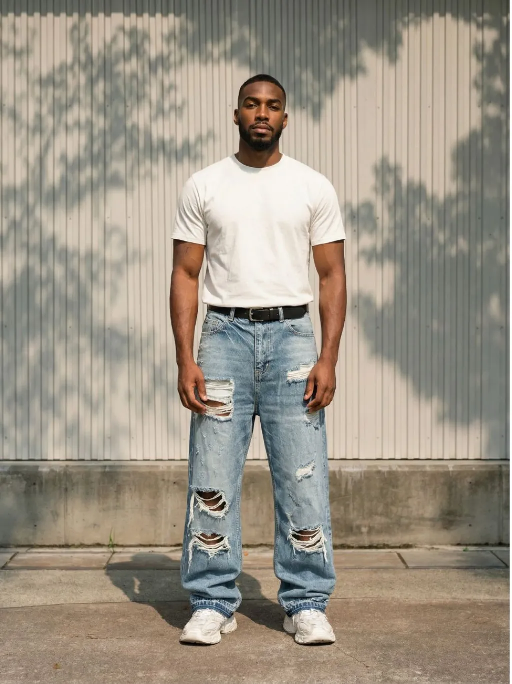 Men's Blue Ripped Baggy Jeans with Contrast Stitching