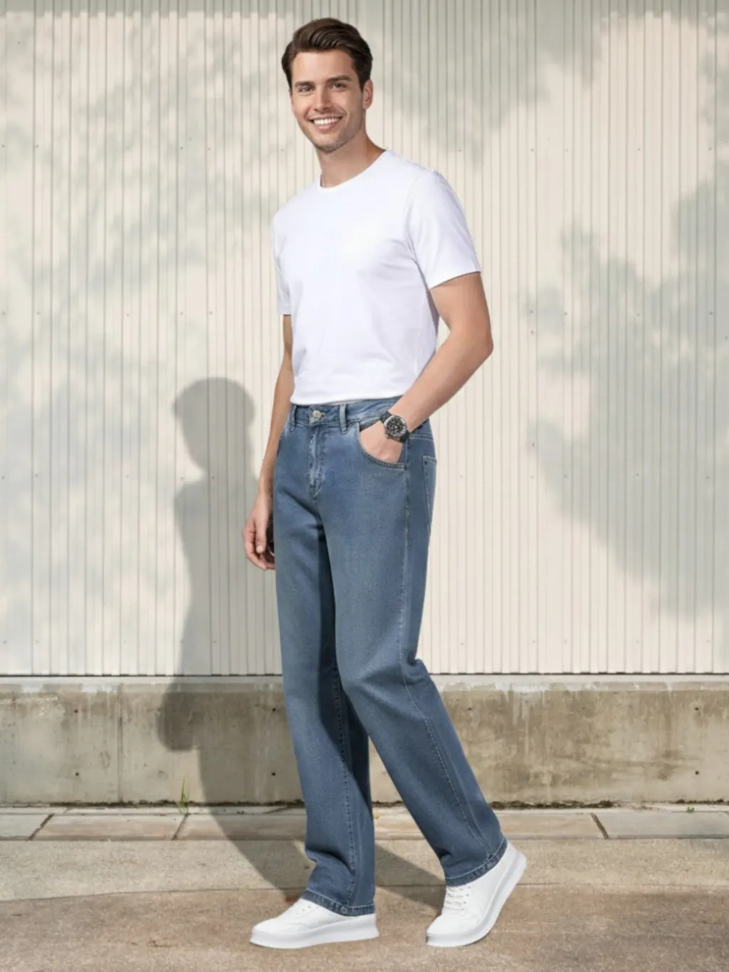 Men's Blue Straight-Cut Regular Jeans, Vintage Style