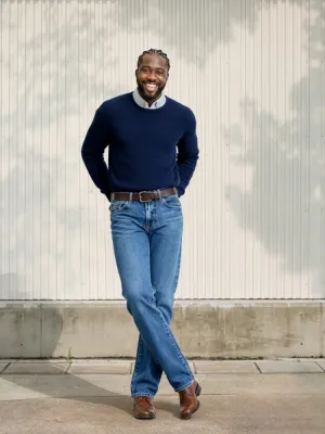 Men's Blue Straight Jeans, Elegant Stretch Denim — view 1