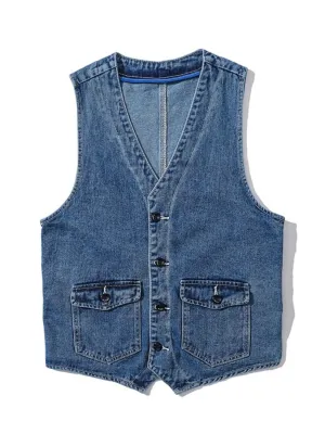 Men's Blue Sleeveless Denim Waistcoat, Tailored Style — view 2