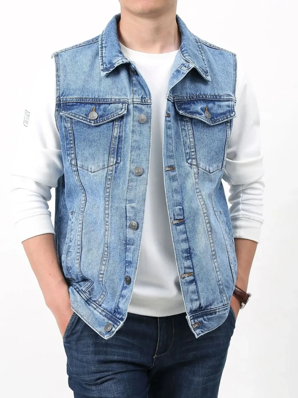Men's Blue Vintage-Style Sleeveless Denim Jacket — endless ways to style it