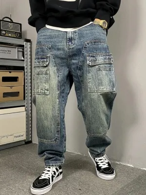 Men's Blue Vintage Washed Work Jeans with Utility Pockets — view 2