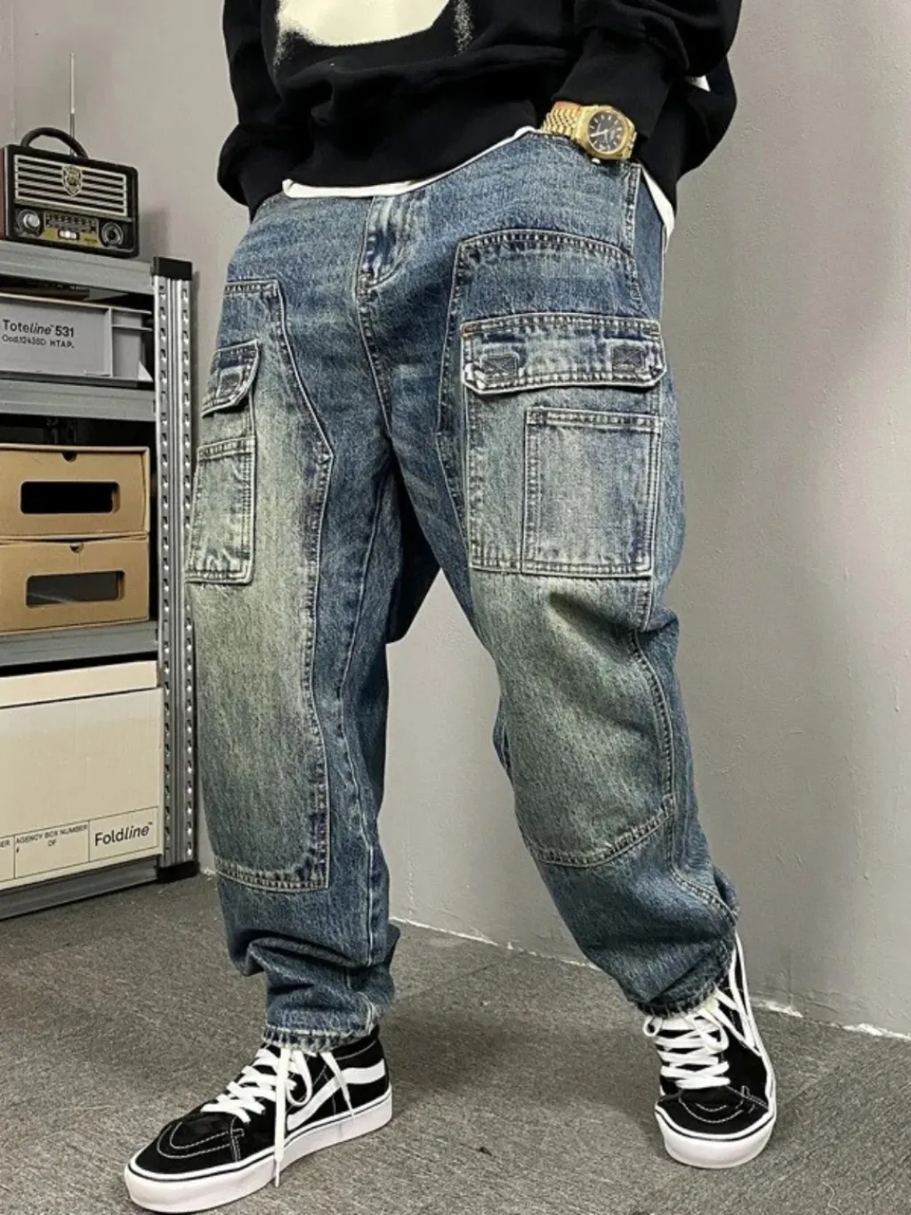 Men's Blue Vintage Washed Work Jeans with Utility Pockets — endless ways to style it