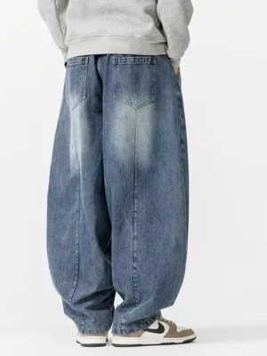 Men's Blue Washed Balloon Jeans with Drawstring — view 3
