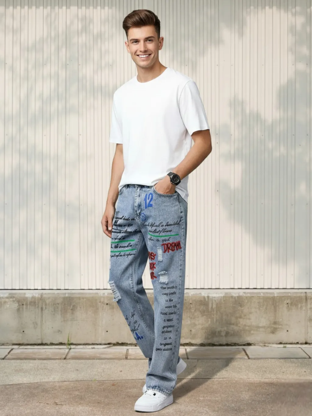 Men's Custom Baggy Jeans with Embroidery & Graffiti