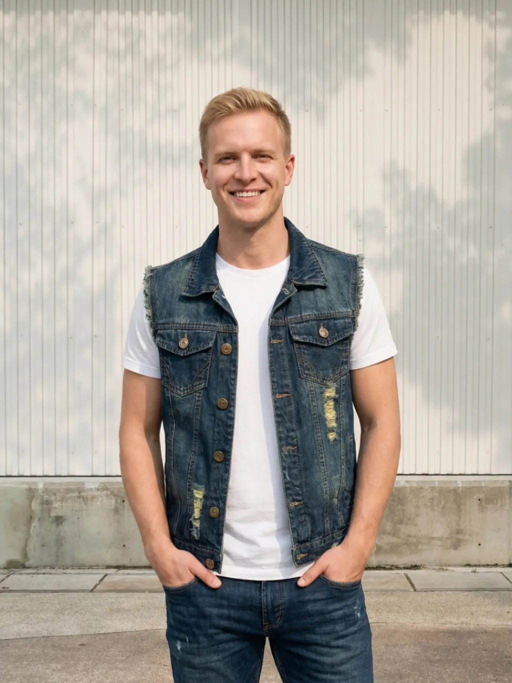 Men's Dark Blue Distressed Sleeveless Denim Jacket