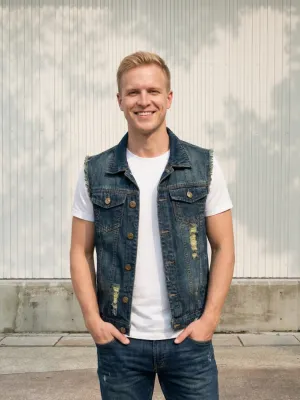Men's Dark Blue Distressed Sleeveless Denim Jacket — view 1