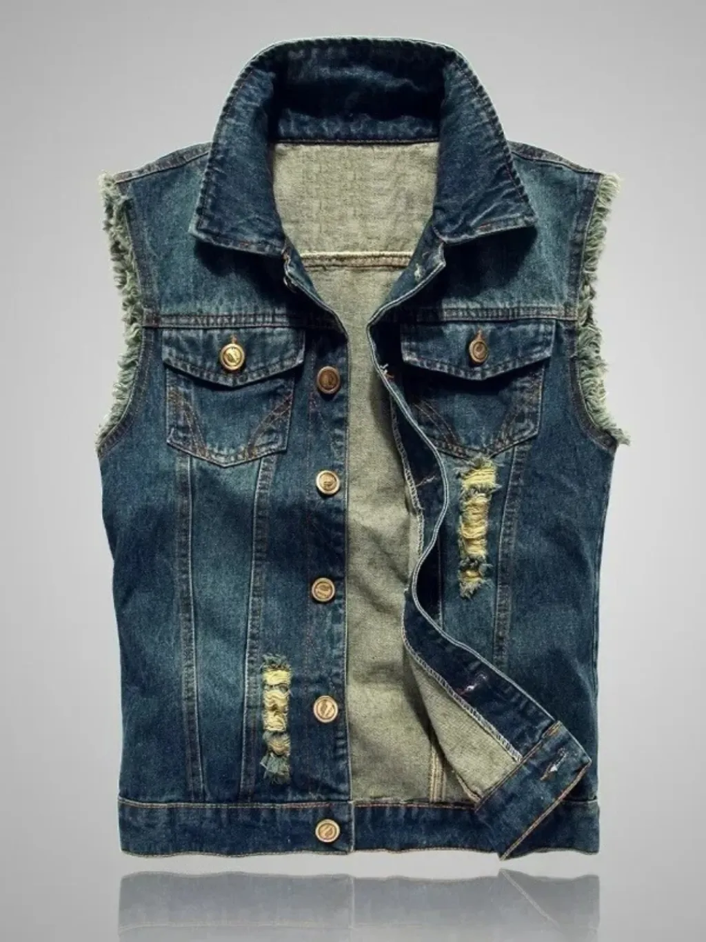 Men's Dark Blue Distressed Sleeveless Denim Jacket — a pair designed to be worn everywhere