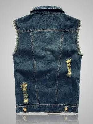 Men's Dark Blue Distressed Sleeveless Denim Jacket — view 3