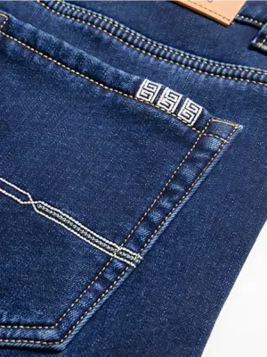 Men's Dark Blue Straight Jeans, Heavy Denim — view 4