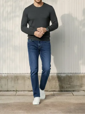 Men's Dark Blue Straight Jeans, Heavy Denim — view 7