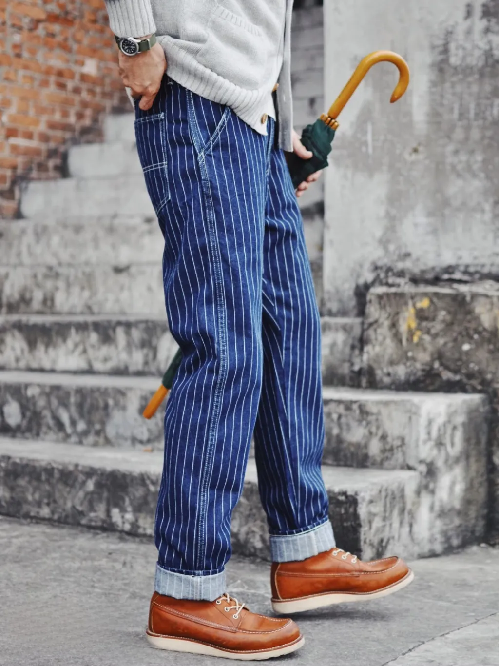 Men's Dark Blue Striped Jeans Retro Style — quality denim, made to last