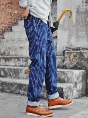 Men's Dark Blue Striped Jeans Retro Style — view 3