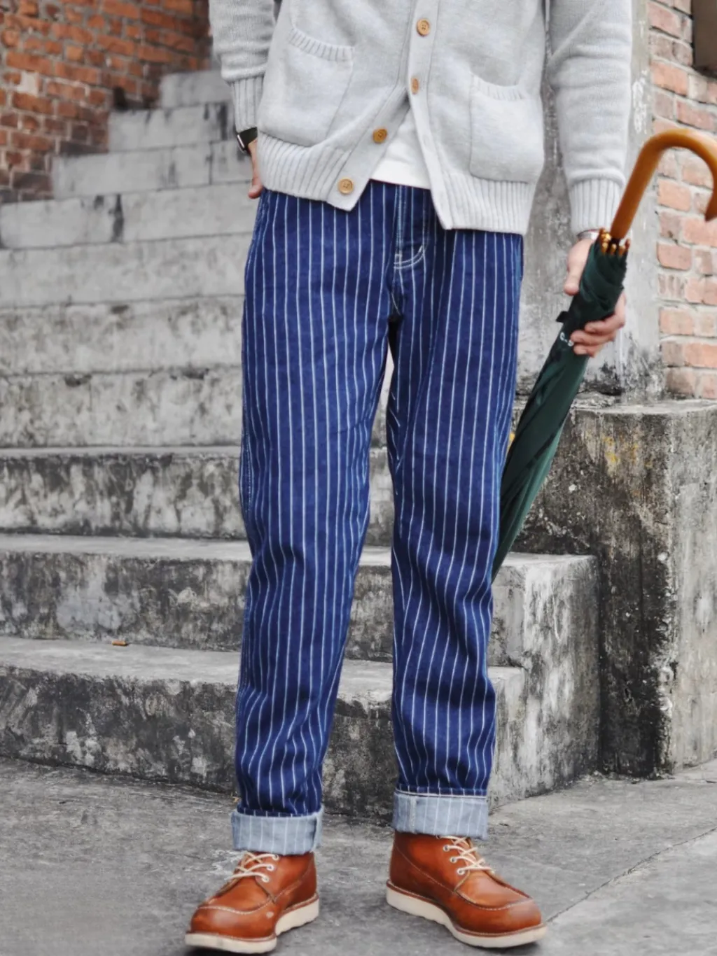 Men's Dark Blue Striped Jeans Retro Style — endless ways to style it