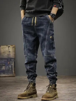 Men's Dark Blue Work Jeans with Drawstring — view 2