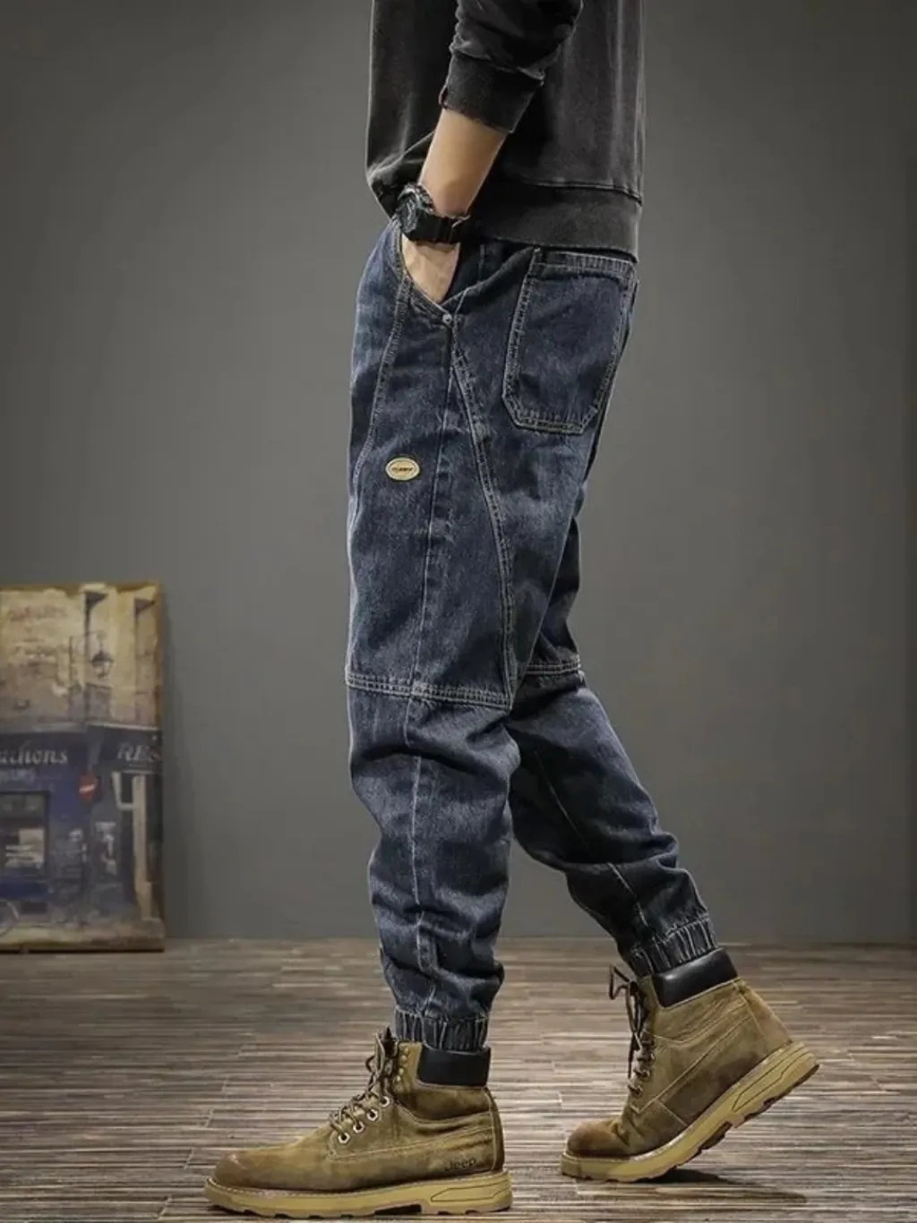 Men's Dark Blue Work Jeans with Drawstring — endless ways to style it