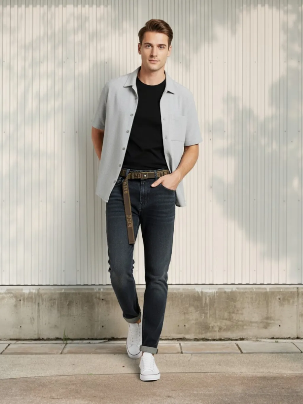 Men's Dark Grey Tapered Jeans, Integrated Belt