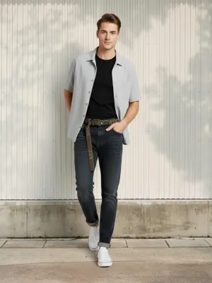 Men's Dark Grey Tapered Jeans, Integrated Belt — view 1