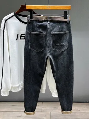 Men's Dark Grey Tapered Jeans, Integrated Belt — view 3