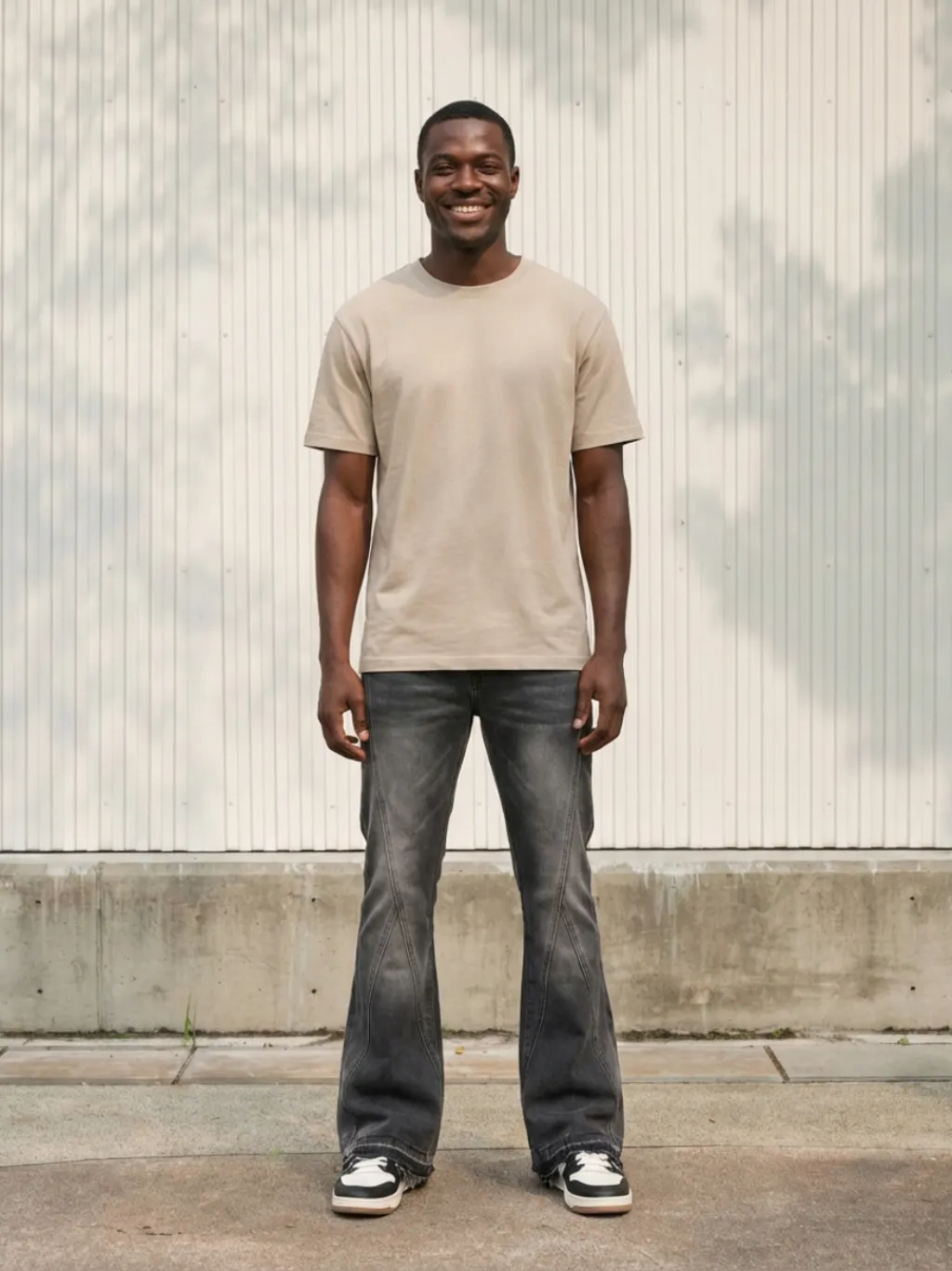 Men's Grey Washed Flared Jeans with Graphic Stitching