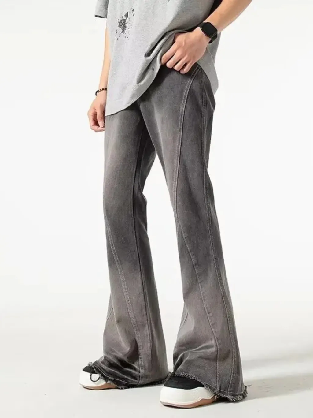 Men's Grey Washed Flared Jeans with Graphic Stitching — quality denim, made to last