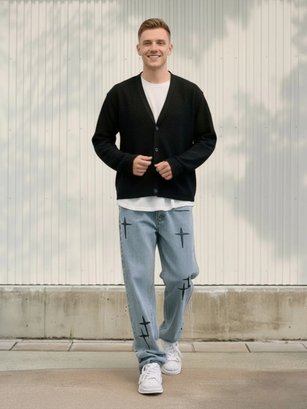 Men's Light Blue Baggy Jeans with Embroidered Details