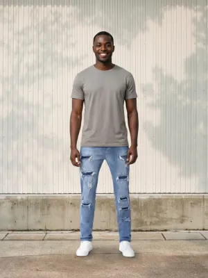 Men's Light Blue Grunge Ripped Skinny Jeans — view 1