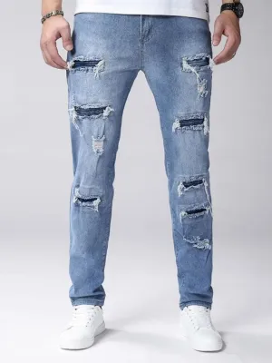 Men's Light Blue Grunge Ripped Skinny Jeans — view 2