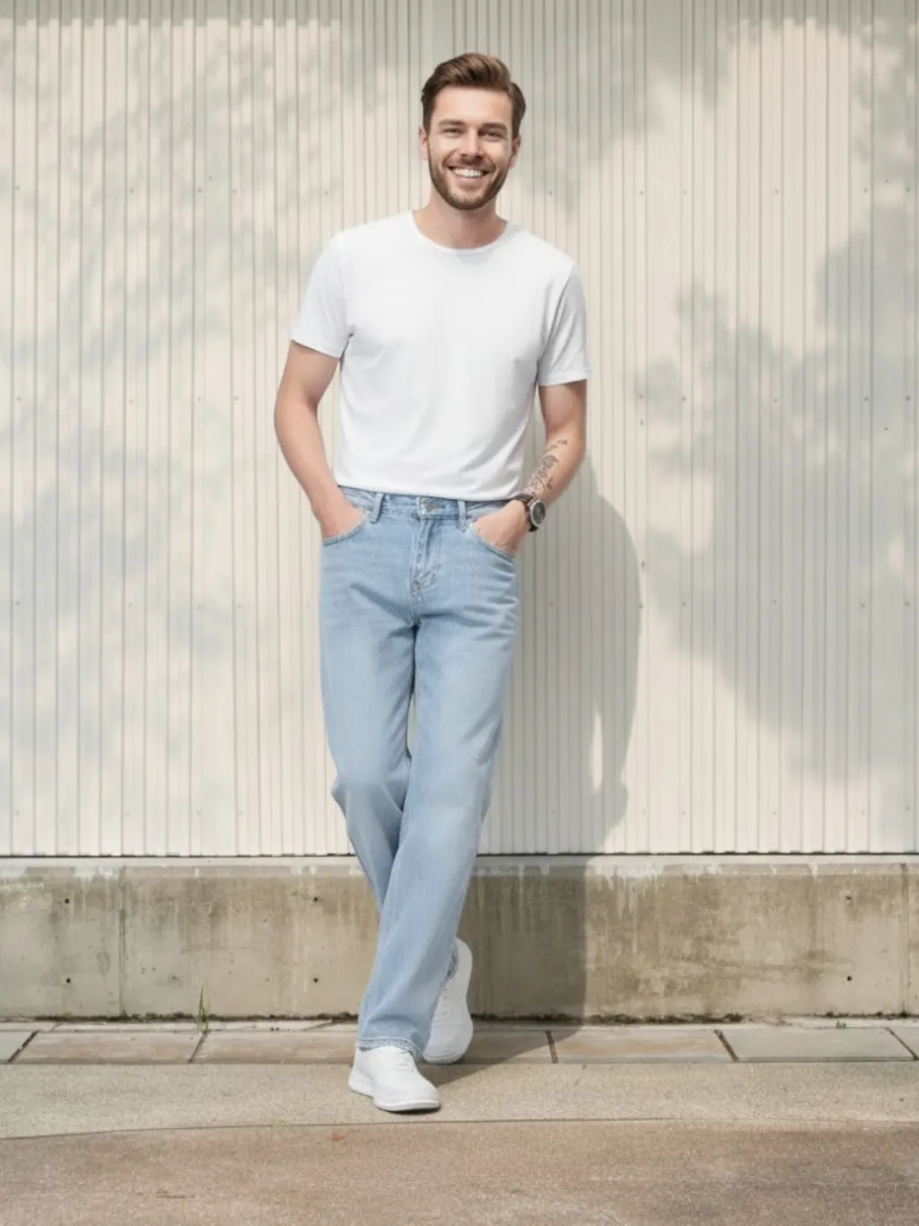 Men's Light Blue Straight Jeans, Casual Style
