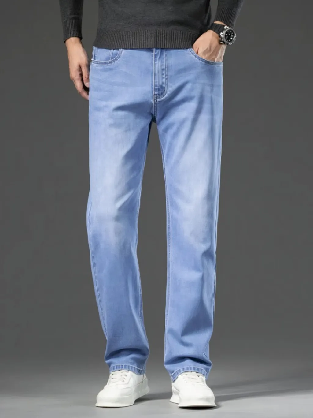 Men's Light Blue Straight Jeans, Heavy Stretch Denim — a pair designed to be worn everywhere
