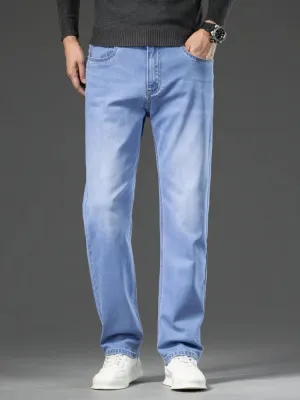 Men's Light Blue Straight Jeans, Heavy Stretch Denim — view 2
