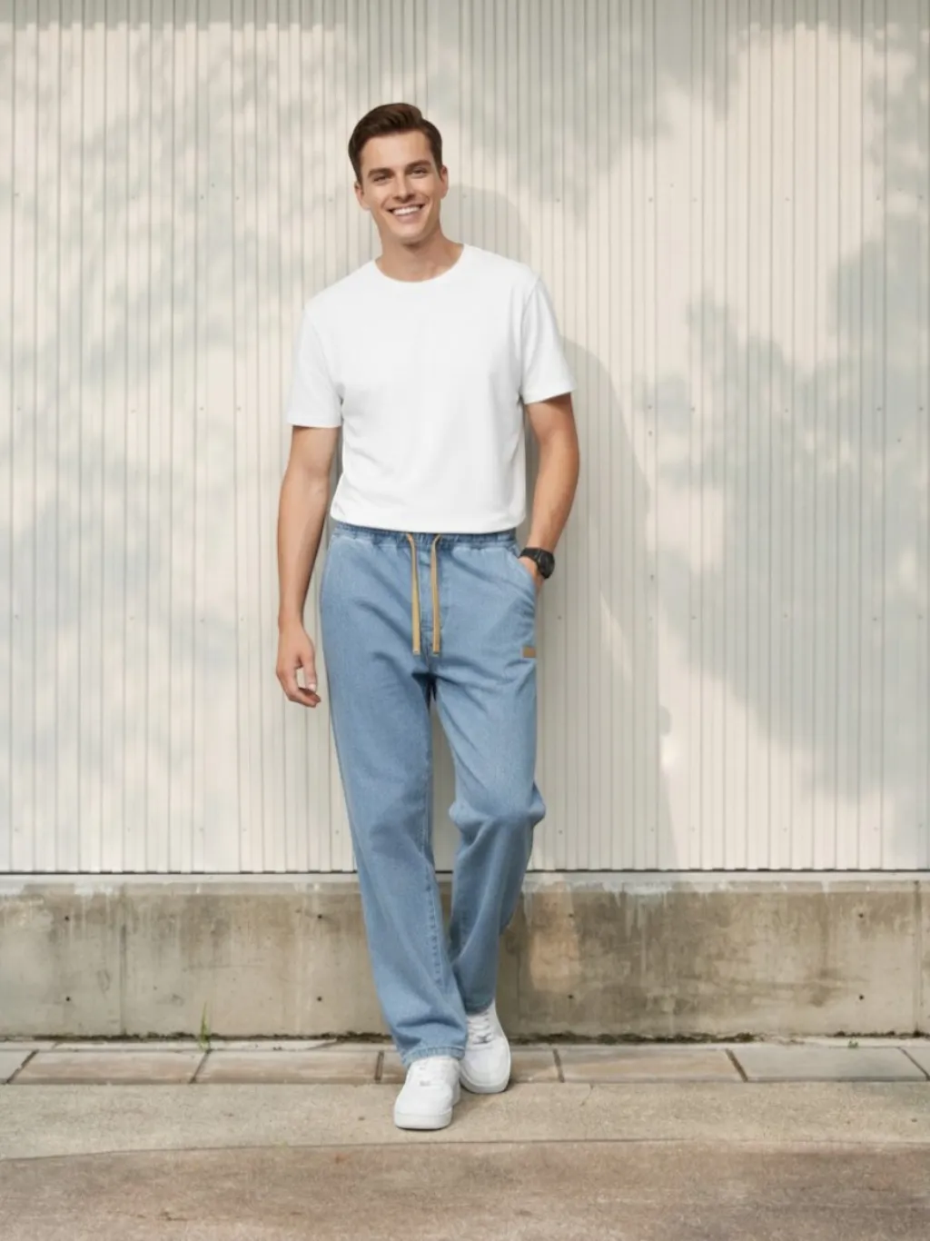 Men's Light Blue Straight-Leg Jeans with Elastic Waist