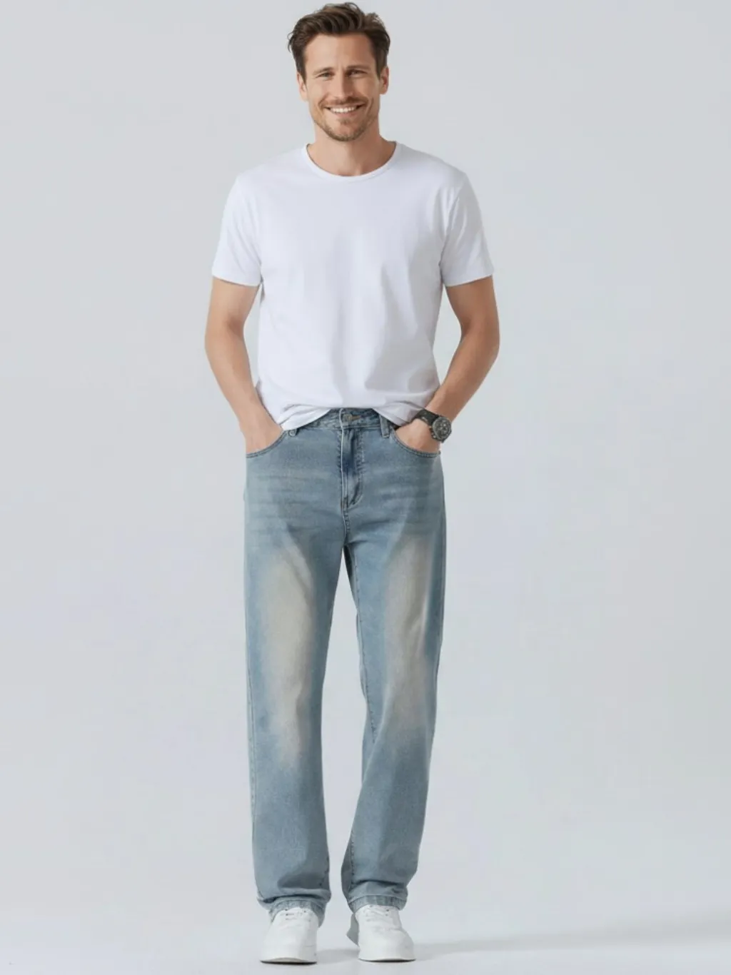 Men's Light Blue Washed Regular Jeans, Retro Style — quality denim, made to last