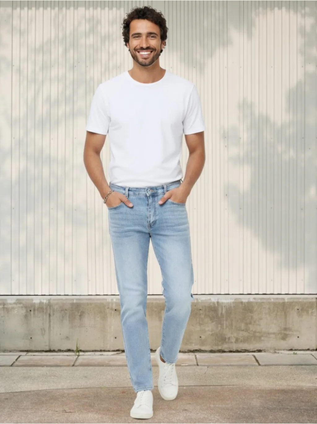 Men's Light Blue Washed Regular Jeans, Stretch Cotton