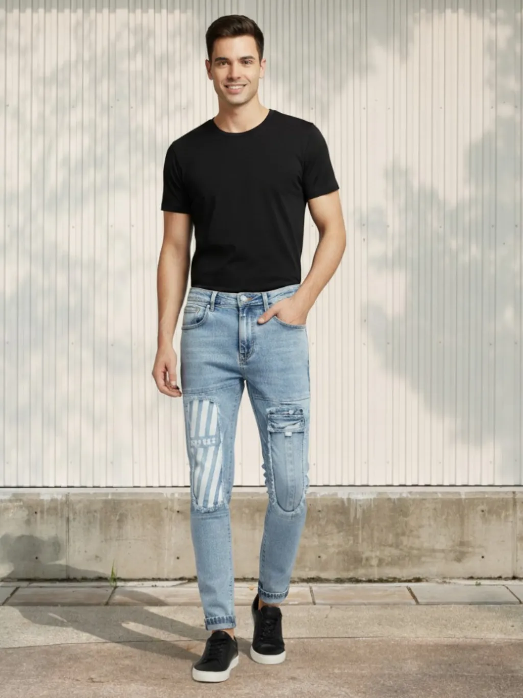Men's Light Blue Washed Tapered Jeans, Patchwork