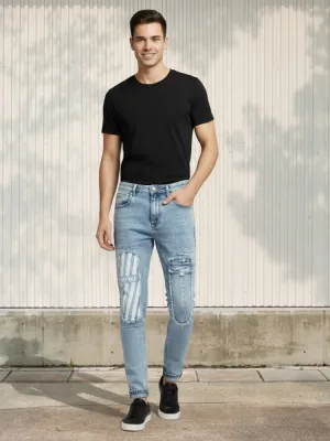 Men's Light Blue Washed Tapered Jeans, Patchwork — view 1