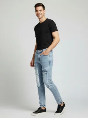 Men's Light Blue Washed Tapered Jeans, Patchwork — view 2