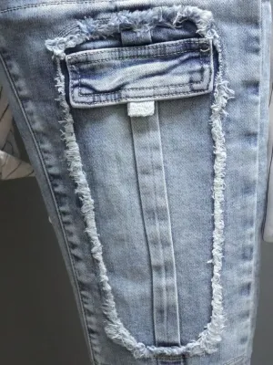 Men's Light Blue Washed Tapered Jeans, Patchwork — view 3