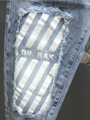 Men's Light Blue Washed Tapered Jeans, Patchwork — view 4