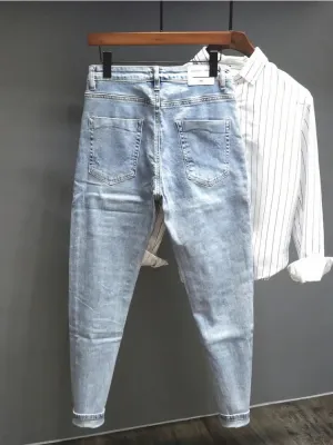 Men's Light Blue Washed Tapered Jeans, Patchwork — view 5