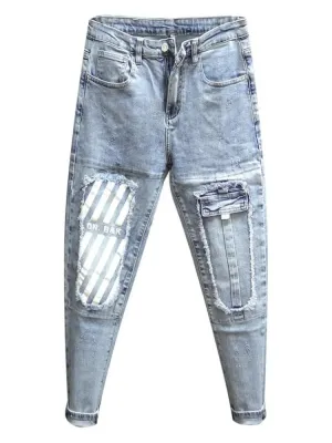 Men's Light Blue Washed Tapered Jeans, Patchwork — view 6