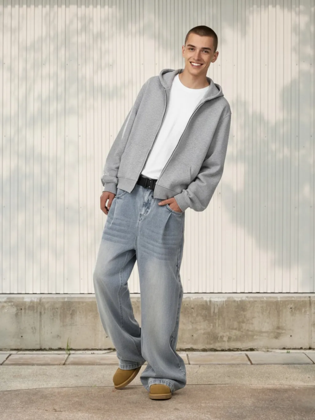 Men's Light Grey Washed Baggy Jeans